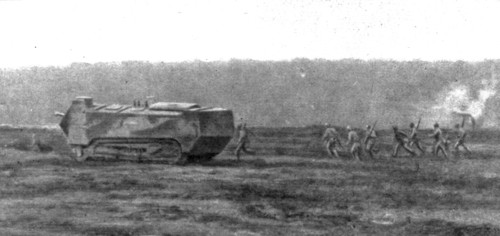 'De la Picardie au Chemin des Dames; un char d'assaut au milieu d'une vague d'infanterie', 1918. Creator: Unknown.