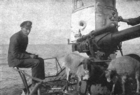 'A bord des sous-marins allemands; Ravitaillement en viande fraiche: deux moutons provenant..., 1918 Creator: Unknown.