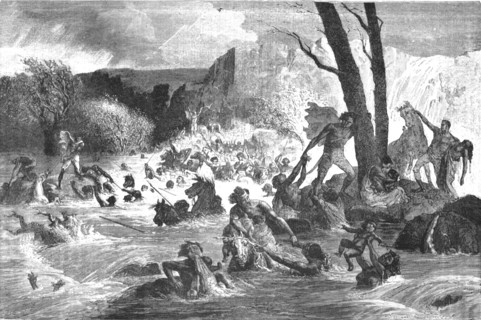 'Army of Theodore overtaken by a flood crossing the Bashilo; A journey through Soudan..., 1875. Creator: Unknown.