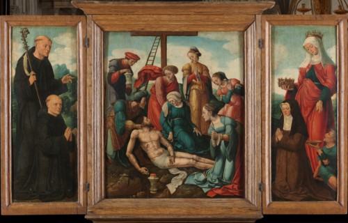 Triptych with the Lamentation of Christ (center), flanked by the male Donor with Saint Benedict (lef Creator: Cornelis Buys the Younger.