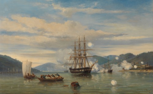 HMS Steam-Powered Battleship Medusa Opening the Shimonoseki Straits, 1864. Creator: Jacob Eduard van Heemskerck van Beest.
