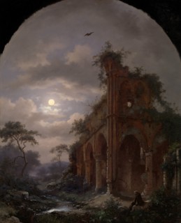 Monk Meditating near a Ruin by Moonlight, 1862. Creator: Frederik Marinus Kruseman.