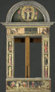 Frame depicting the Annunciation, Baptism of Christ, Entry into Jerusalem, Saints Cecilia and Cather Creator: Circle of Giovanni di Francesco del Cervelliera.