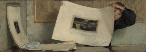 Anna Leafing Through a Portfolio of Prints, 1874. Creator: Laura Theresa Epps Alma-Tadema.