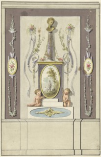 Design for room decorations with a panel with a bust on a column, 1767-1823. Creator: Abraham Meertens.