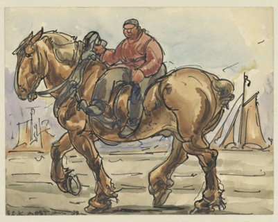 Man riding sidesaddle on a draft horse, 1939. Creator: Alfred Ost.