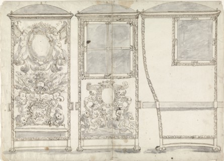Design for a Sedan Chair, Viewed from the Back, the Front and the Right SIde, c.1650-c.1700. Creator: Anon.