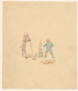 Boy and all over a block tower, c.1880-c.1910. Creator: Anon.
