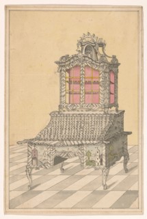 Design for a desk with a display up, decorated with marquetry of landscapes, c.1760-c.1770. Creator: Anon.