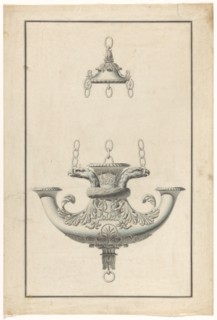 A hanging, patinated bronze lamp for three candles, decorated with eagle heads, c.1805-c.1820. Creator: Anon.