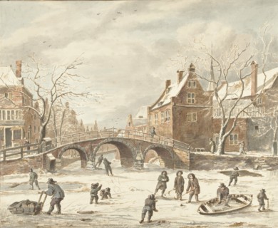 Ice fun on the corner of Spui and Nieuwezijds Voorburgwal, 1773-1838. Creators: Anthonie van den Bos, Jan van Kessel.