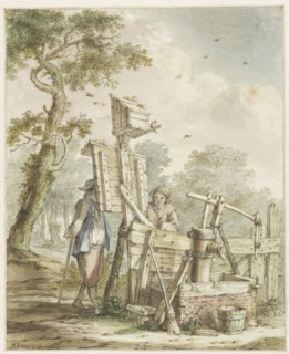Landscape with two men at a noticeboard near a water pump, c.1750-1808. Creator: Bartholomeus Barbiers.