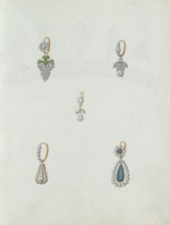 Five designs of earrings, one of which is with a grapes, c.1800-c.1810. Creator: Carl Friedrich Bärthel.