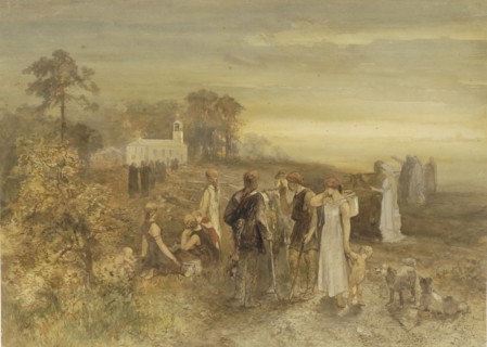 Monks go to a church, watched by a group of Germans, 1871. Creator: Charles Rochussen.