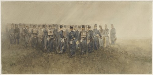 Break of a battalion of infantry on the heath, 1860. Creator: Charles Rochussen.