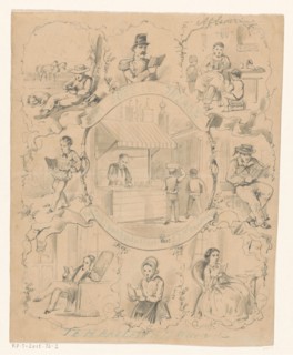 Book stall on a market surrounded by eight scenes with reading figures, c.1860-c.1862. Creator: Charles Rochussen.