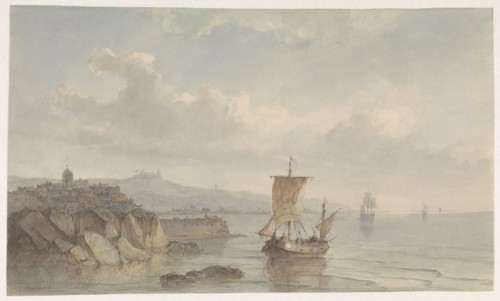 Coastal landscape with port and ships on the water, 1809-1874. Creator: Christiaan Lodewijk Willem Dreibholtz.