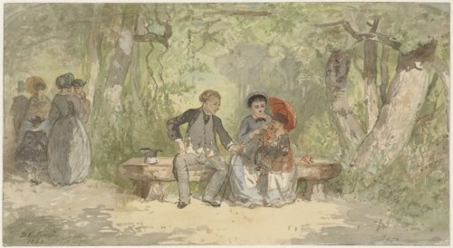 Man, wife and child on a bench in the park, 1863. Creator: Diederik Franciscus Jamin.