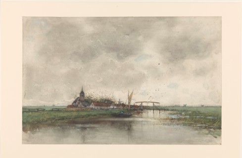 River landscape with a view of a village, 1866-1892. Creator: Frederik Jacobus van Rossum du Chattel.