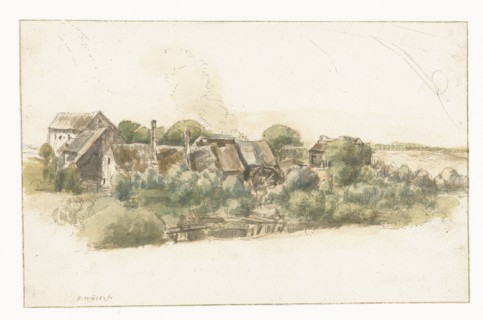 View of a few houses and a water mill between trees, 1633-1687. Creator: Gillis Neyts.