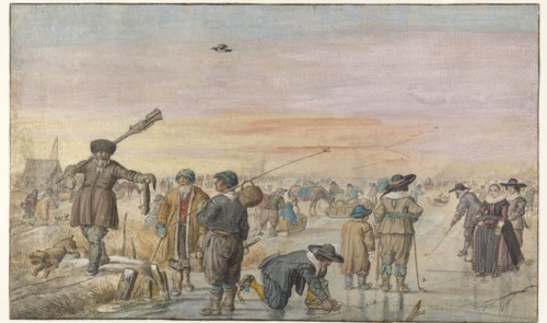 Winter Scene on the Ice, with a Hunter Showing an Otter, c.1625-c.1630. Creator: Hendrick Avercamp.