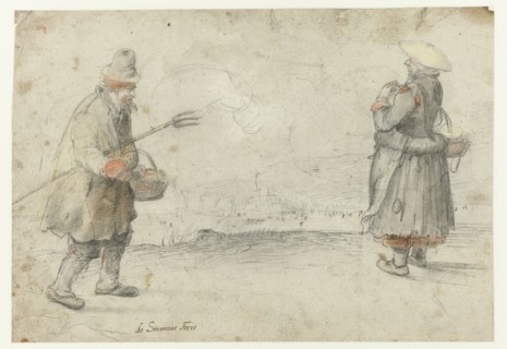 Studies of a Man and a Woman Standing on the Bank of a Frozen River, with a Town..., c.1610-c.1615. Creator: Hendrick Avercamp.