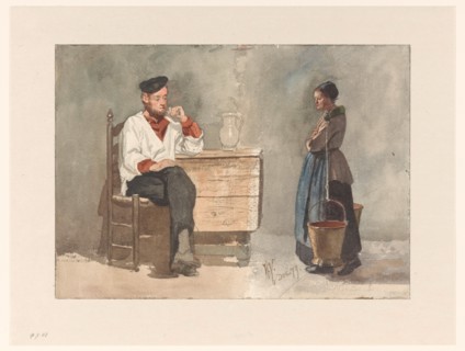 Smoking sailor, woman with yoke and milk buckets, 1879. Creator: Hendrik Valkenburg.