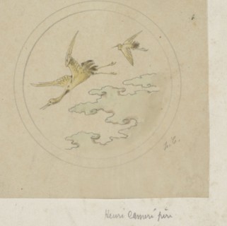 Round medallion with a double framework with two flying cranes above clouds, c.1864-c.1894. Creator: Henri Cameré.