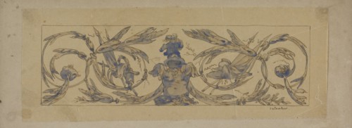 Rectangular field with symmetrical leaf vines with banners, weapons and a laurel wreath, with a helm Creator: Henri Cameré.