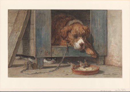 Cat spies birds with a sleeping dog, 1831-1892. Creator: Henriette Ronner.