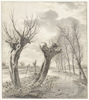 Winter landscape with pollard willows along a frozen ditch, 1766-1815. Creator: Jacob van Strij.