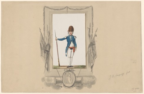 Standing soldier in ornamental frame, 1790-1818. Creator: Jan Antony Langendijk.