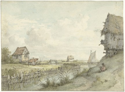 River landscape with draftsman sketching between huts, 1776-1822. Creator: Jan Hulswit.