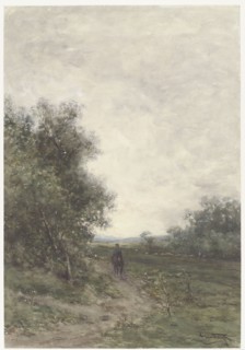 Landscape with a rider and a herd of sheep with shepherd, 1856-1892. Creator: Jan Vrolijk.