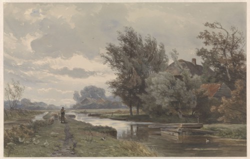 Shepherd with sheep at a farm by the water, 1835-1892. Creator: Jan Willem van Borselen.