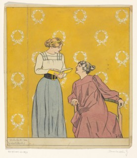 Book cover design: two women with a book, 1868-1940. Creator: Johan Coenraad Braakensiek.