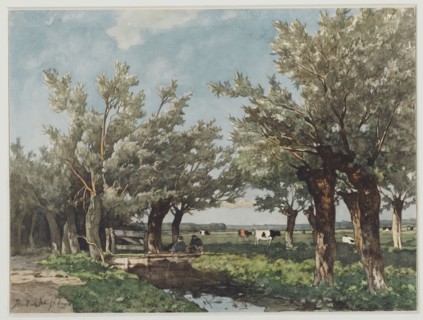 Landscape with two boys fishing in a canal, 1834-1892.  Creator: Jan Hendrik Weissenbruch.