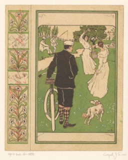Book cover design, man with bicycle and badminton players, 1880-1928.  Creator: Johann Georg van Caspel.