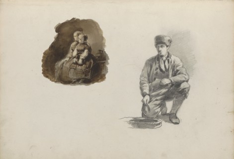 Kneeling man and a mother and daughter in an interior, 1837-1881. Creator: Johannes van Hove.