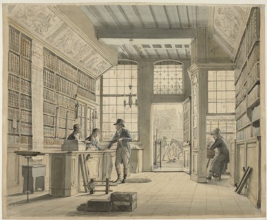 The Shop of the Bookdealer Pieter Meijer Warnars on the Vijgendam in Amsterdam, 1820 or earlier.  Creator: Johannes Jelgerhuis.