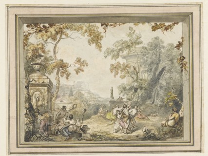 Design for a room painting: idyllic-arcadian landscape with classic buildings, 1752-1819. Creator: Juriaan Andriessen.
