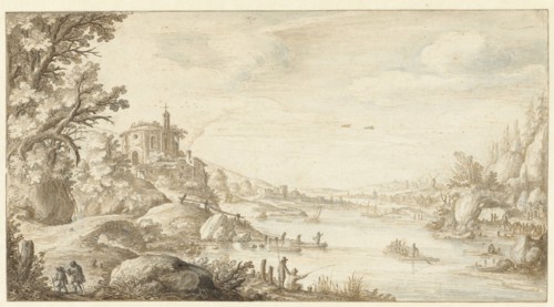 Hilly Landscape with a Round Chapel by the Banks of a River, 1624. Creator: Maerten de Cock.