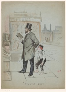 Boy secretly takes a puff of a cigar held by a man looking at books, c.1900-c.1950. Creator: Mat.