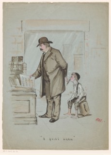 Boy secretly takes a puff of a cigar held by a man looking at sheet music, c.1900-c.1950. Creator: Mat.