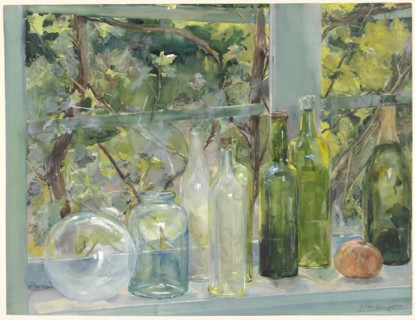 Windowsill with Bottles, a Glass Globe and an Apple, c.1892. Creator: Menso Kamerlingh Onnes.