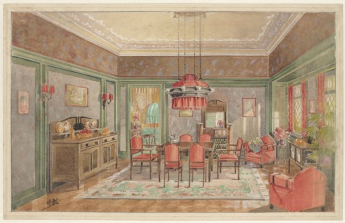Dining room with red chairs, c.1925. Creator: Monogrammist HK.
