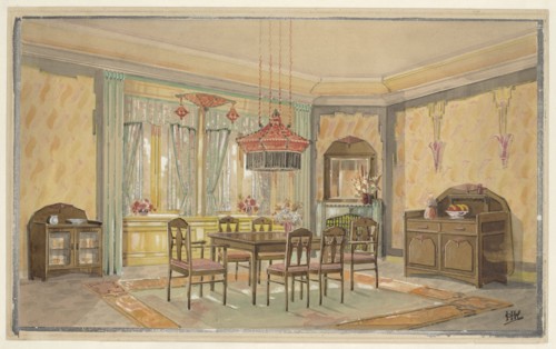 Dining room with yellow walls and red lamp, c.1925. Creator: Monogrammist HK.