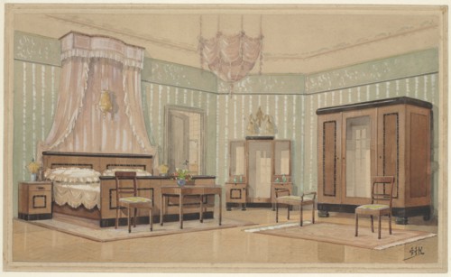 Bedroom with light crown in bed sky, c.1925. Creator: Monogrammist HK.