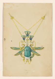 Design for a pendant with a scarab, snakes and lotus flowers, of enamelled gold with a scarab, c.190 Creator: Paul Louchet.