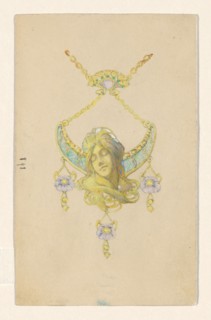 Design for a pendant with a sleeping women's head and poppies, enamelled gold, c.1905. Creator: Paul Louchet.